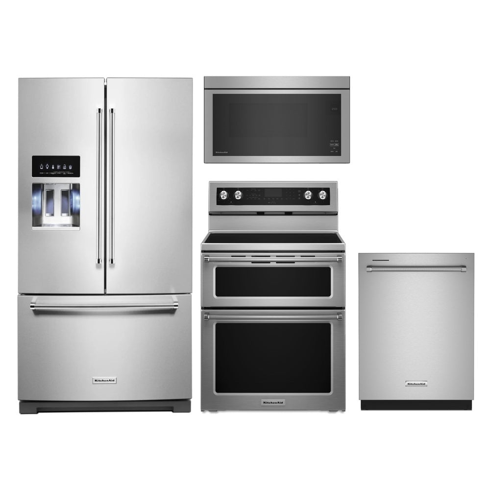 KitchenAid stainless steel appliance package in a modern kitchen