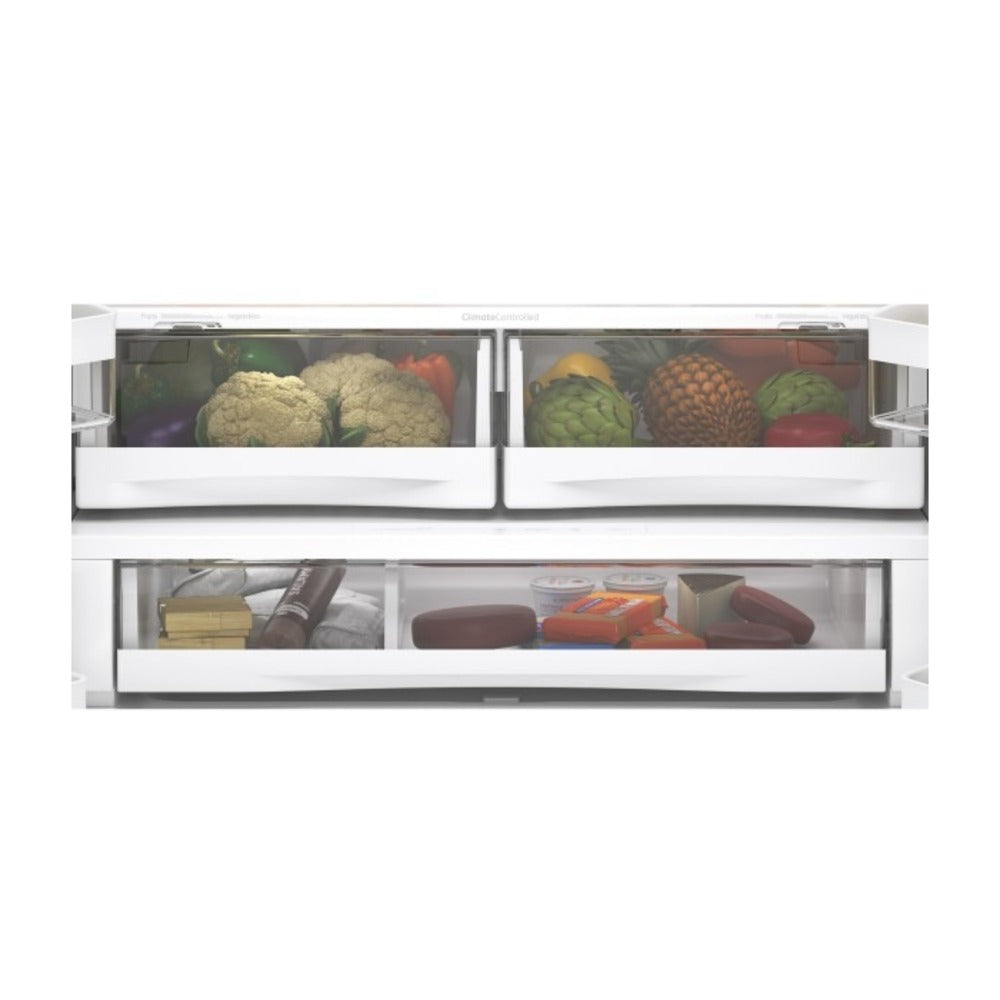 GFE28GYNFS two humidity-controlled drawers and full-width drawer with LED light